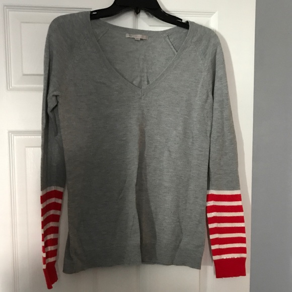 GAP Grey Sweater w/ Orange & White Striped Sleeves - Picture 2 of 4